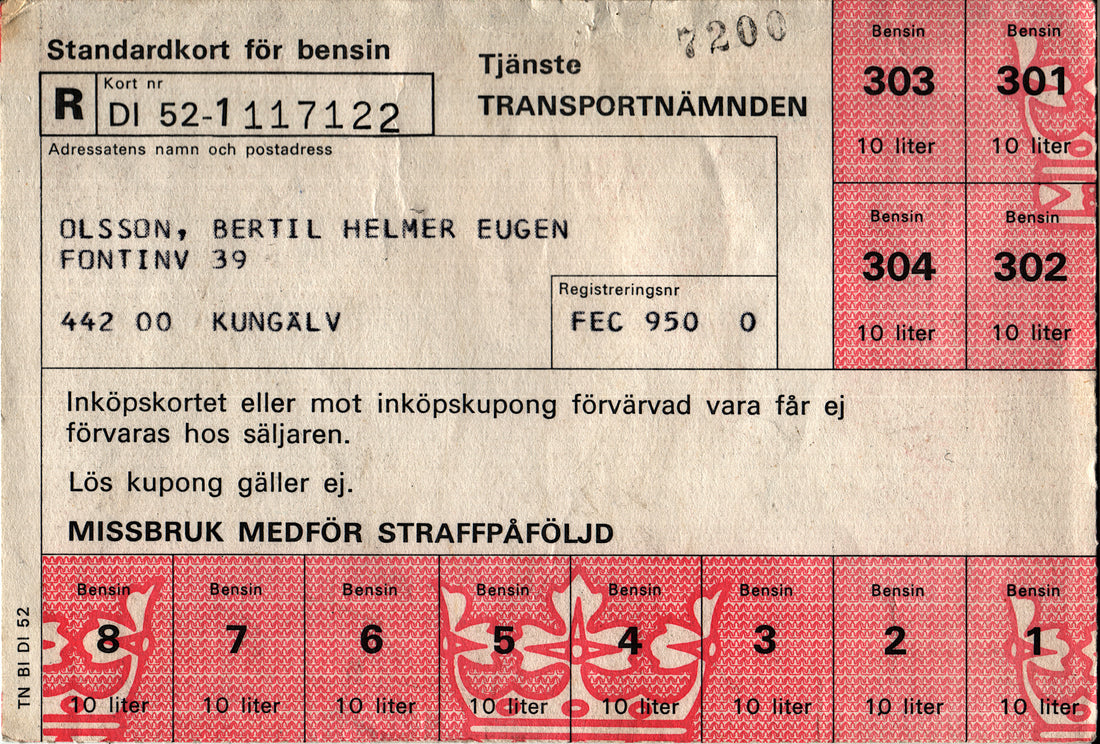 1974年、スウェーデン政府が準備したガソリン配給カード。石油危機の深刻さを物語る