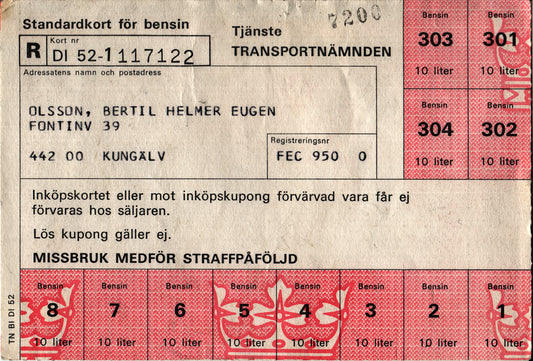 1974年、スウェーデン政府が準備したガソリン配給カード。石油危機の深刻さを物語る