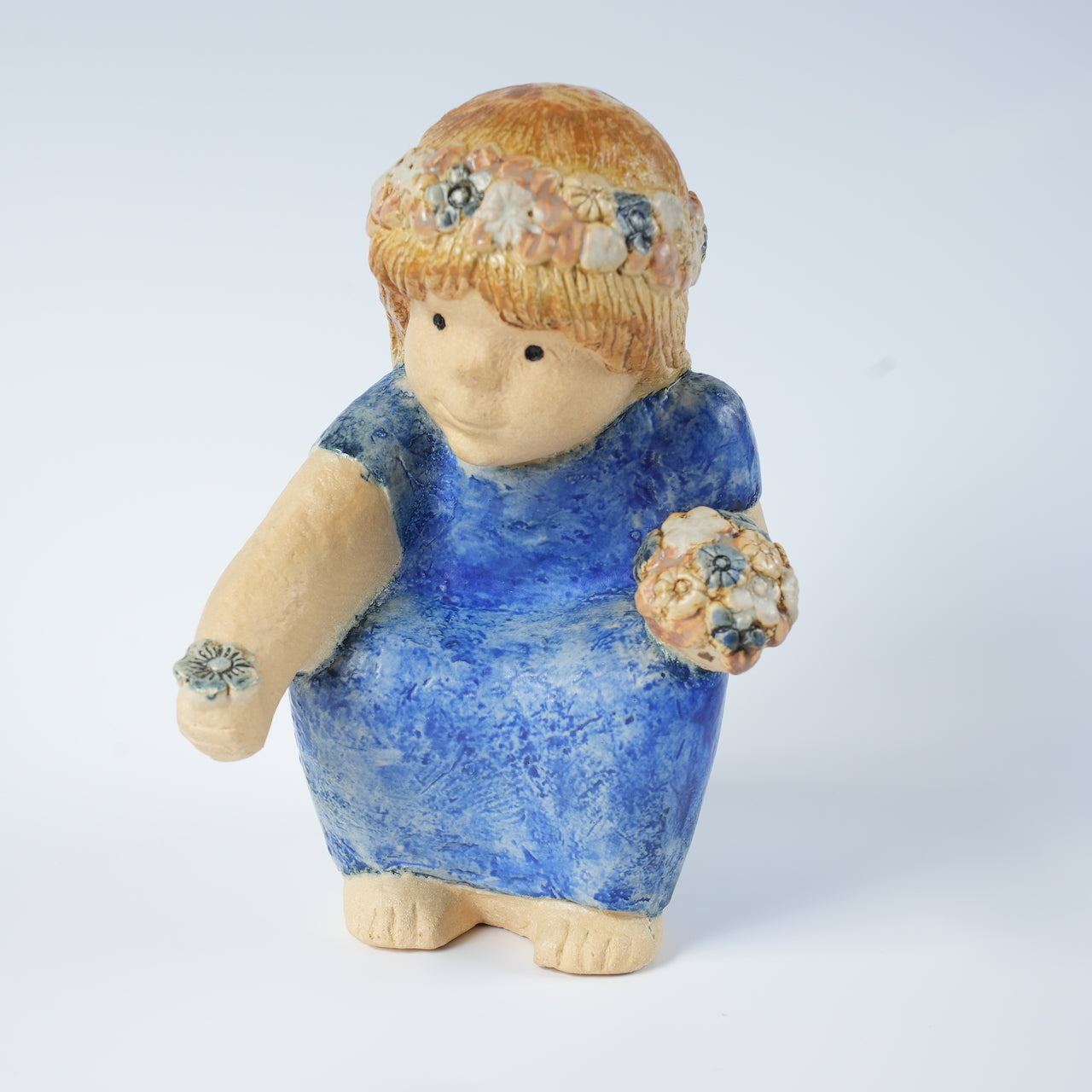 希少 リサ・ラーソン フリーランス作品 花を摘む青い服の少女 置物 Lisa Larson
