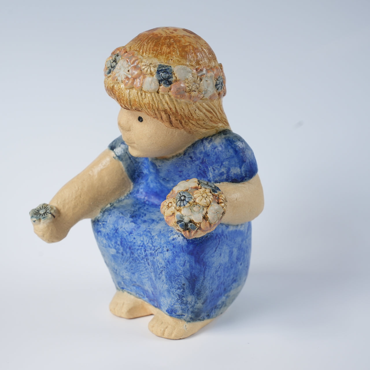希少 リサ・ラーソン フリーランス作品 花を摘む青い服の少女 置物 Lisa Larson