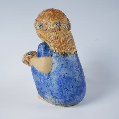 希少 リサ・ラーソン フリーランス作品 花を摘む青い服の少女 置物 Lisa Larson