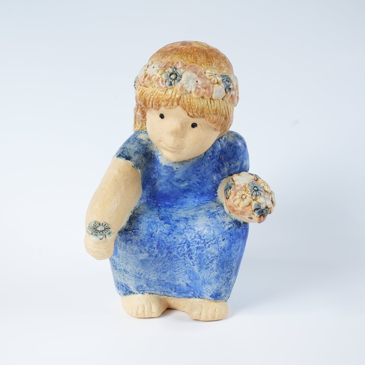 希少 リサ・ラーソン フリーランス作品 花を摘む青い服の少女 置物 Lisa Larson