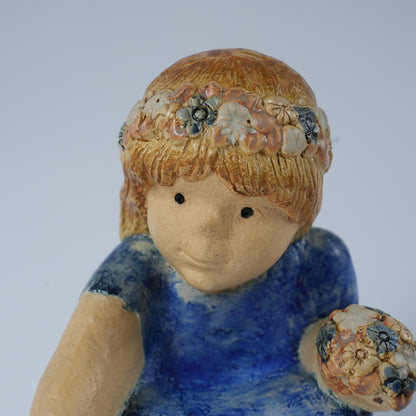 希少 リサ・ラーソン フリーランス作品 花を摘む青い服の少女 置物 Lisa Larson