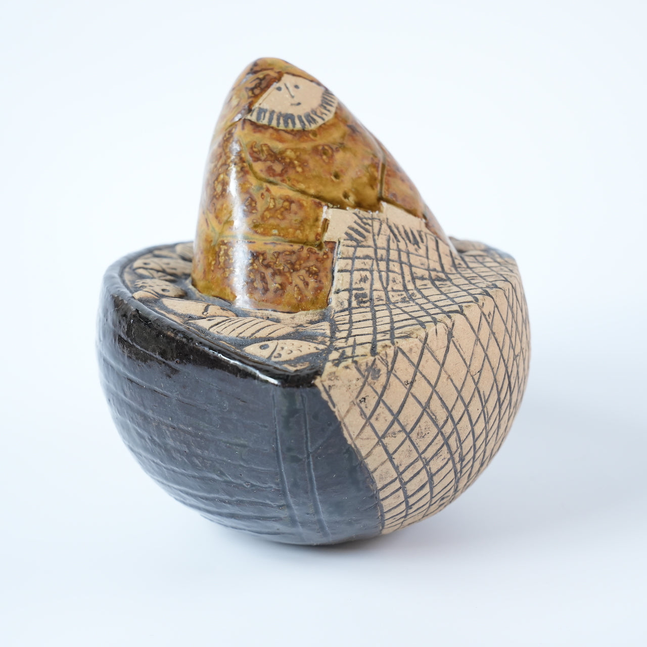 稀有颜色 Lisa Larson 渔夫（Fiskare i båt）物品 棕色衣服和黑色船体 稀有颜色变体