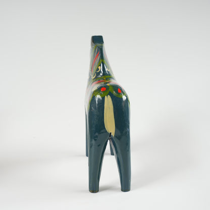 訳あり ヴィンテージ ダーラナホース 青×クルビッツ手描き 17cm 縦長フォルム 木製 スウェーデン民族工芸 全体
