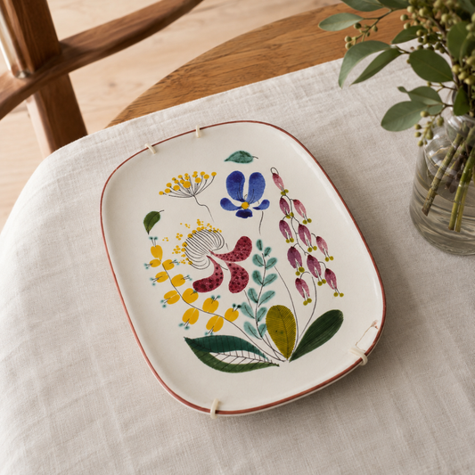 訳あり スティグ・リンドベリ ディッシュ（長皿）花柄 手描きファイアンス グスタフスベリ