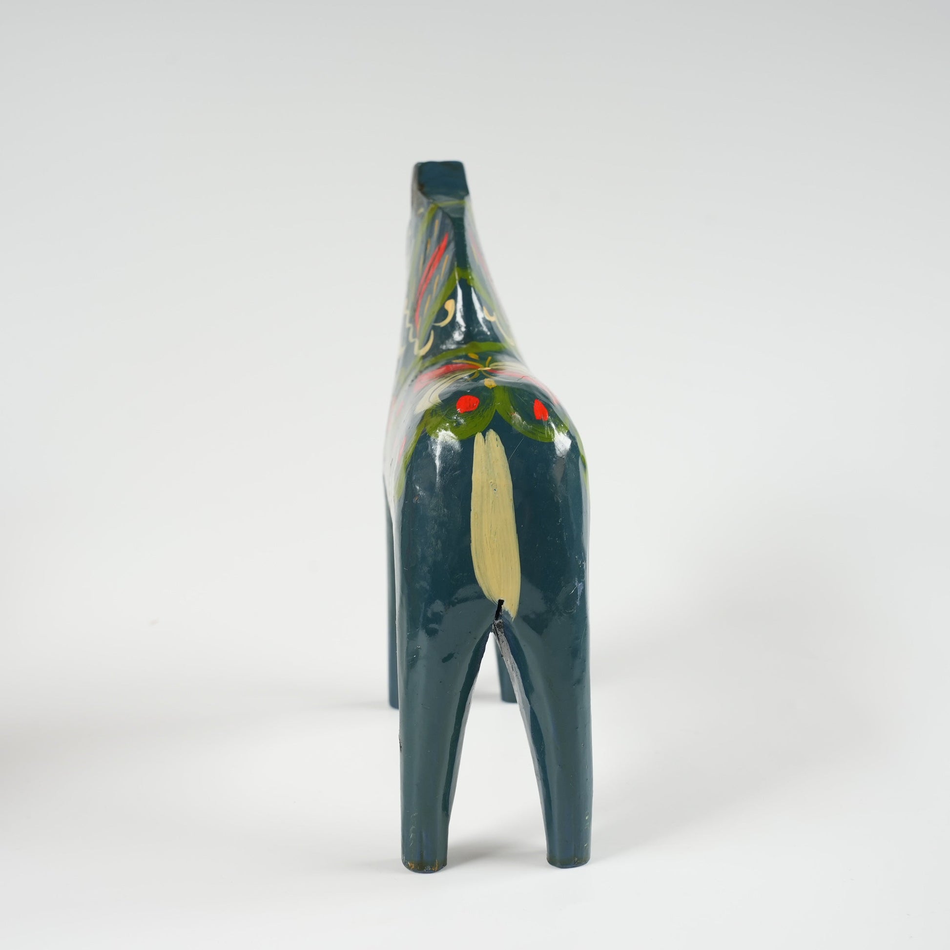 訳あり ヴィンテージ ダーラナホース 青×クルビッツ手描き 17cm 縦長フォルム 木製 スウェーデン民族工芸 全体