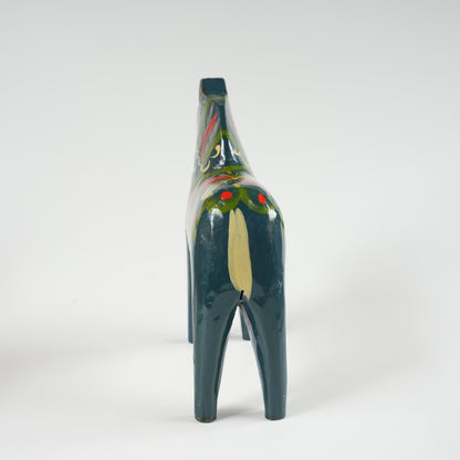 訳あり ヴィンテージ ダーラナホース 青×クルビッツ手描き 17cm 縦長フォルム 木製 スウェーデン民族工芸 全体