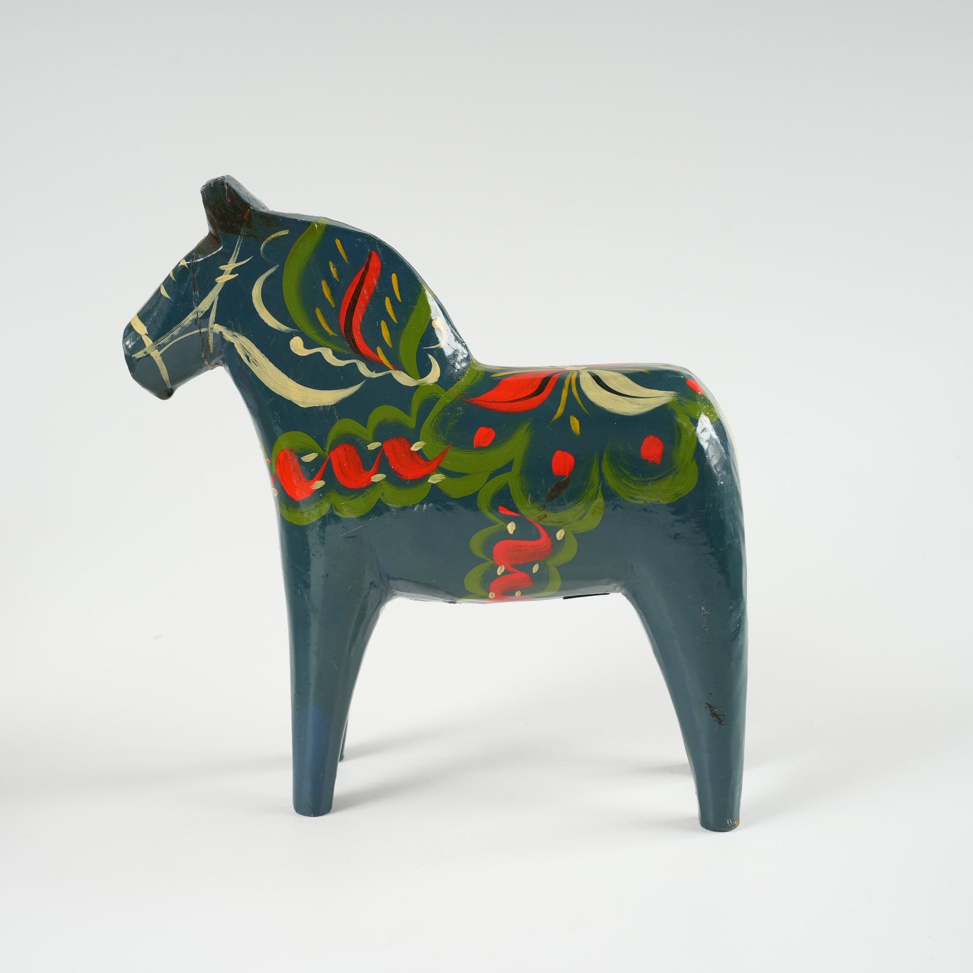 訳あり ヴィンテージ ダーラナホース 青×クルビッツ手描き 17cm 縦長フォルム 木製 スウェーデン民族工芸 持ち手・側面