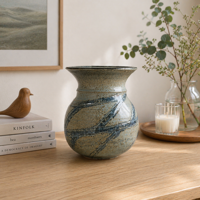 リサ・ラーソン（Lisa Larson）ユニークピース フラワーベース 緑釉彫刻装飾 1989年