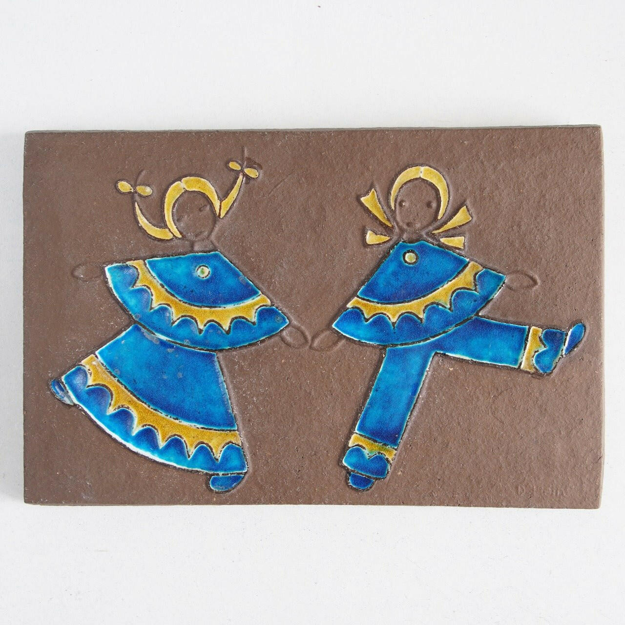 ナブストラップ ディートリンデ・へイン（D.Hein）二人の青い服の少女の陶板 デンマークヴィンテージ 陶板 Knabstrup   
